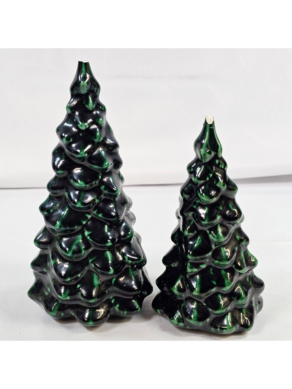Vintage 70s Ceramic Christmas Tree Set 2 Drip Glaze Green Holiday Decor Damaged - Picture 1 of 6